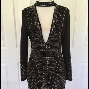 💋 bebe studded embellished deep v  black long sleeve dress L RARE 💋
